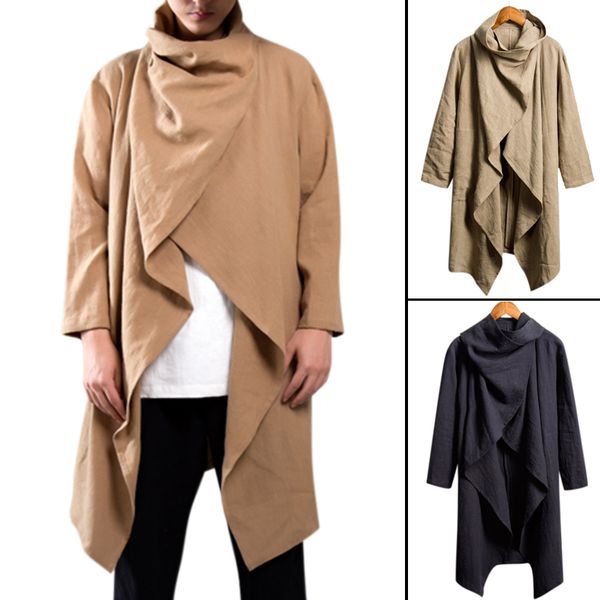 

vintage men outerwear trench coat long sleeve cotton scarf collar streetwear hip-hop punk style men jacket coats chinese style, Tan;black
