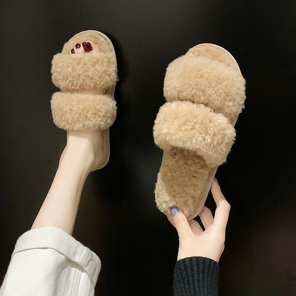 

flat shoes female woman's slippers fur flip flops flock luxury slides shose women 2019 massage plush designer soft cross-tied, Black