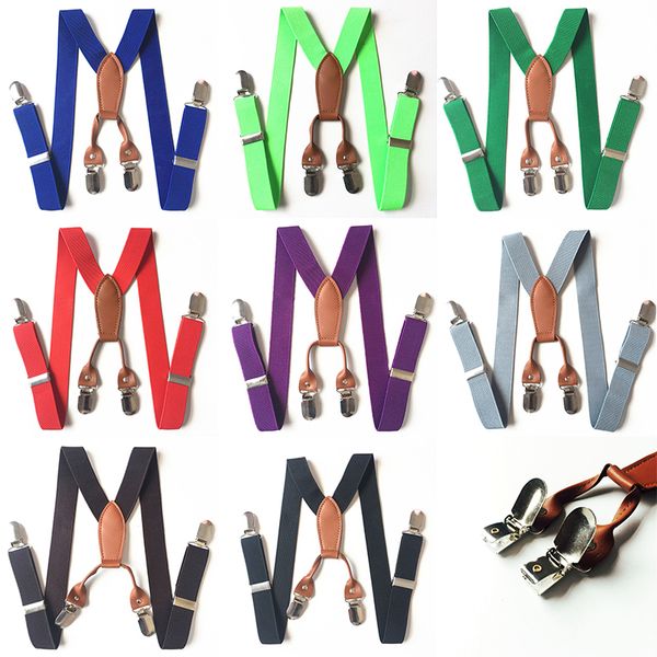 

children's kids boys 4 clip suspenders solid color leather braces elastic adjustable trousers strap y-back accessories etbd049a0, Black;white