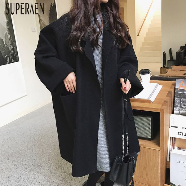 

superaen fashion women woolen coat 2019 new autumn and winter korean style ladies woolen coat solid color fashion women clothing, Black