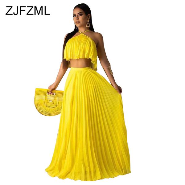 

neon yellow chiffon 2 piece matching sets women festival clothing off shoulder crop pleated long skirt summer beach outfit, White