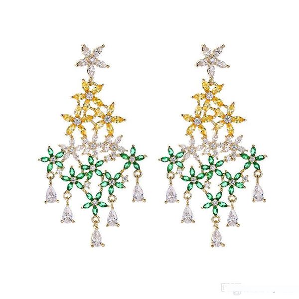 

shinning crystal flowers earrings for women new fashion long dabgke chandelier female wedding brand jewelry with cz, Silver