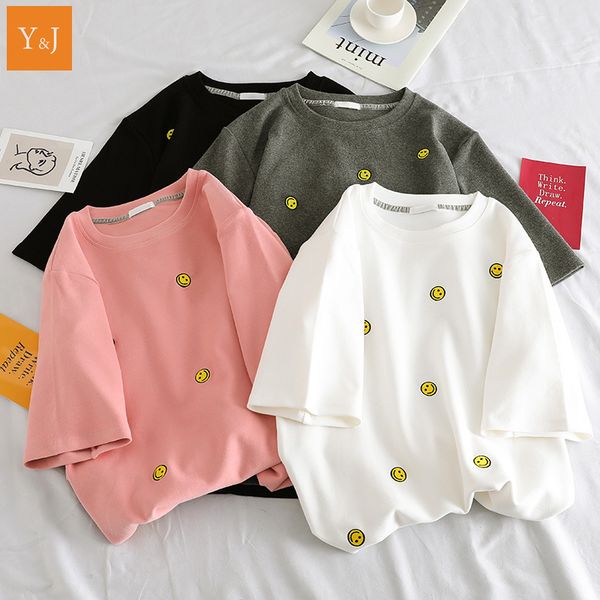 

2020 harajuku embroidery smile face clothes oversized t shirt women short sleeve bf style graphic tees femme cotton top, White