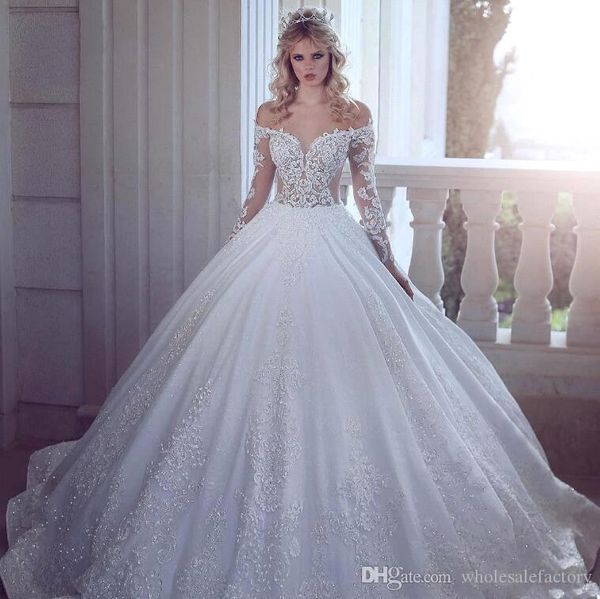 

dubai arabic elegant off shoulder lace ball gown wedding dresses long sleeves applique beaded sweep train wedding dress bridal gowns vestido, White