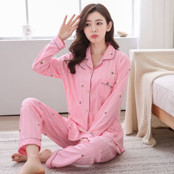 

plus size 100% cotton pajama sets for women 2019 autumn winter long sleeve print pyjama ladies loungewear homewear home clothing, Blue;gray
