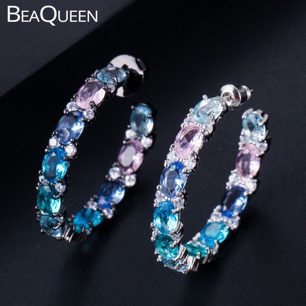 

beaqueen new big oval round pink blue green multicolored cubic zirconia rainbow crystal circle hoop earrings women jewelry e302, Golden;silver