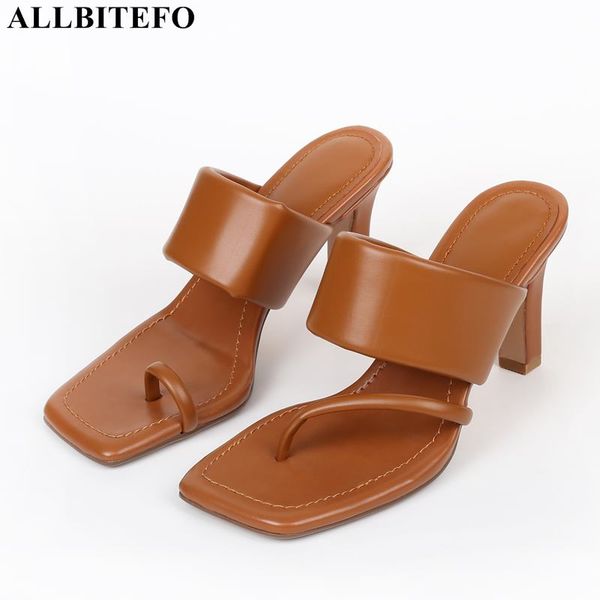 

slippers allbitefo high heels genuine leather office ladies shoes women heel summer flip flops, Black