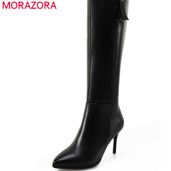 

morazora 2020 new fashion shoes woman genuine leather pointed toe short plush knee high boots thin high heels ladies boots, Black