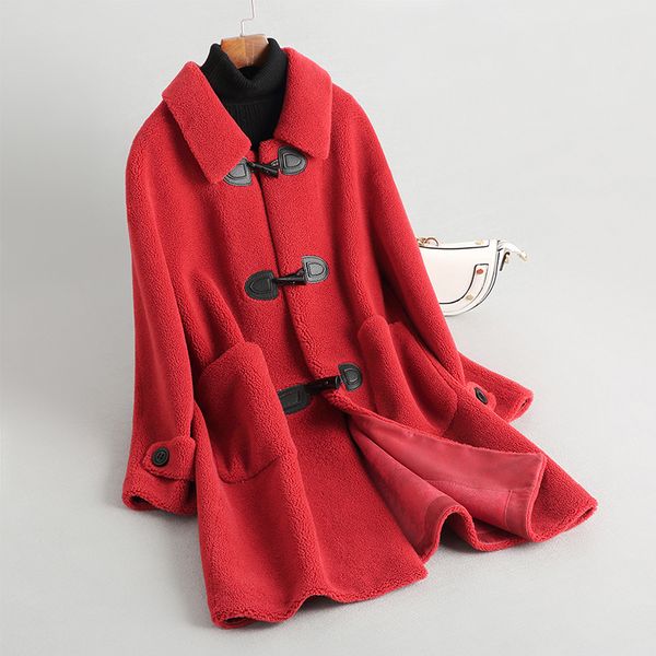 

winter real composite shearling lamb fur coat women genuine wool fur coat with faux suede leather liner a171, Black