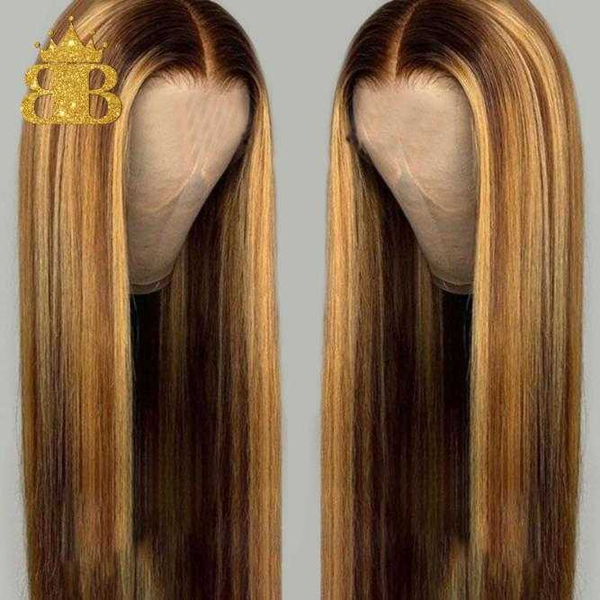 

straight honey blond ombre color highlight 130% full machine made human hair wigs for women remy brazilian hair medium ratio, Black;brown