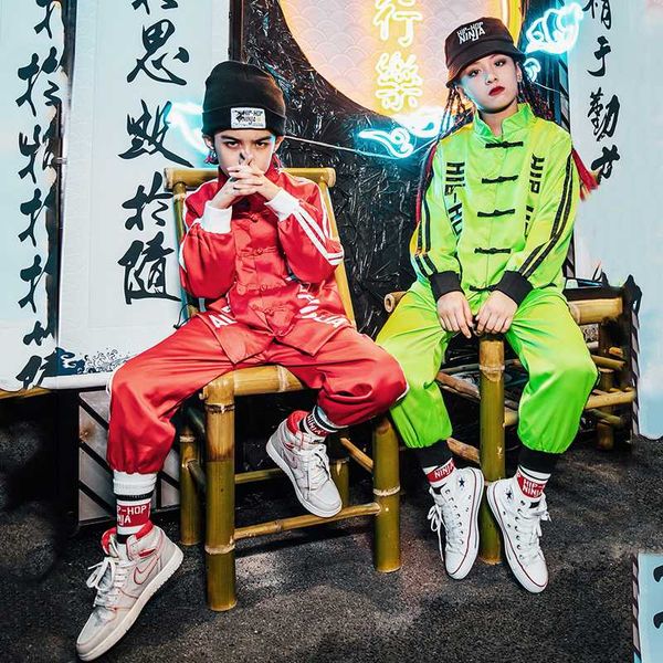 

hip hop street dance wear boys girls hiphop clothes fluorescent color set chinese tang suit kids stage costume performance wear, Black;red