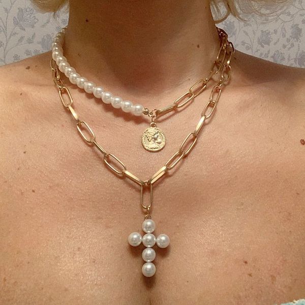 

gold color fashion coin jewelry female cross pendant necklaces for women design imitation pearls necklace, Silver