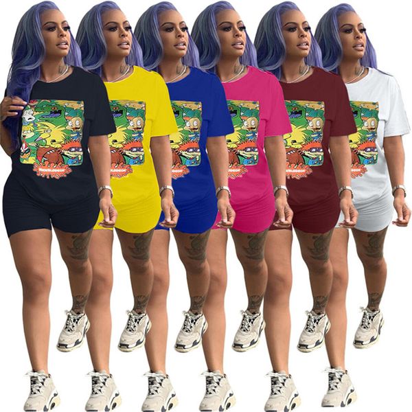 

women cartoon tracksuit casual 2 piece set short sleeve tee shirt+shorts summer clothes sports running suit solid color jogger suit 2999, White