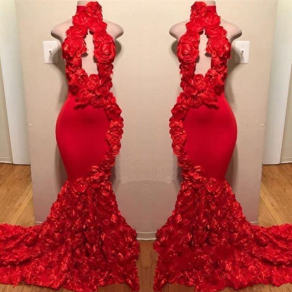 Red Rose Mermaid Prom Dresses 2022 New Sexy High Neck Appliques Abiti da sera convenzionali Sweep Train Abiti da festa