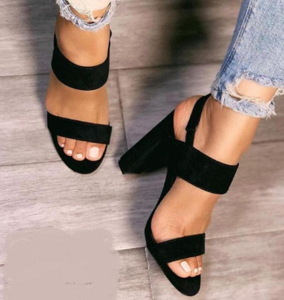 

2020 women summer high heels fashion new solid buckle strap square heel women shoes pointed toe ladies plus size pumps 35-4, Black