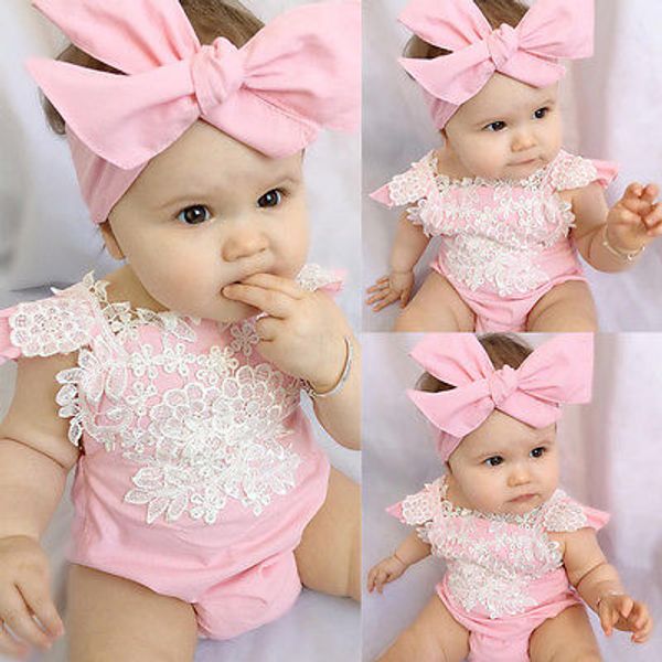 

2 pcs newborn infant baby girl summer sleeveless rompers lace floral jumpsuit playsuit outfits sunsuit, Blue