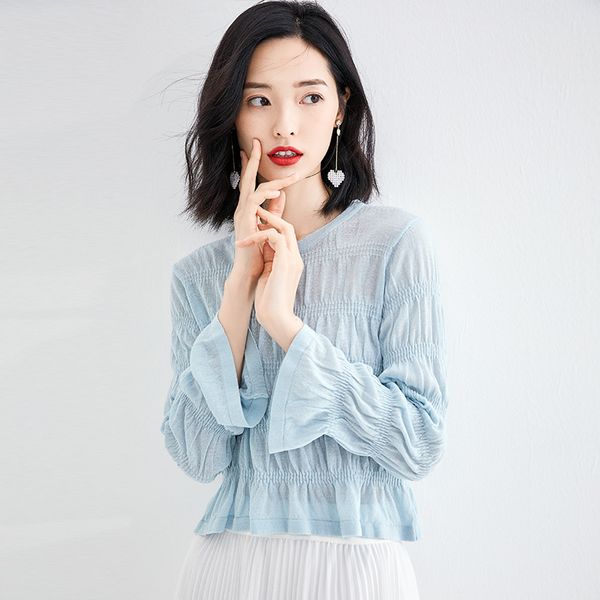 

the new style small fragrant breeze pleated jacket fairy breath trumpet sleeve round neck pullover sweater waist narrow long sleeve sweater, Black;gray