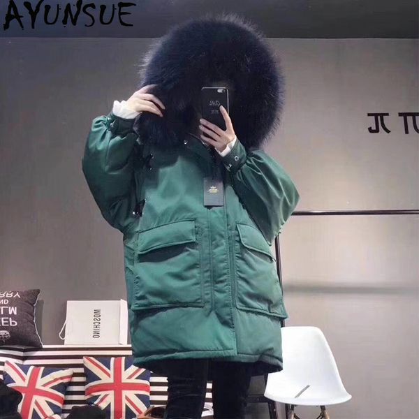 

ayunsue white duck down jacket woman hooded winter coat women real raccoon fur collar korean women's jackets 2019 parka kj2816, Black