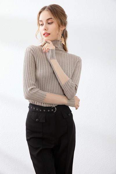 

2020 winter new high neck bottoms women's slim long sleeve splicing mesh all over medium long knitwear, White