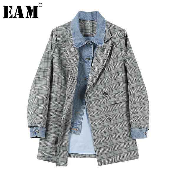 

eam] 2019 новая осень зима нагрудные с длинным рукавом серый цвет denim hit плед printed сыпучие куртки женщины пальто мода tide js105, Black;brown