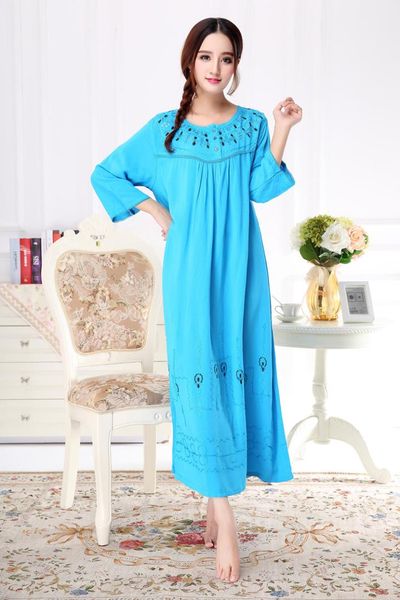 

blue female casual nightgown bathrobe gown cotton sleepwear embroidery night dress sleepshirt long sleeve loose nightwear, Black;red