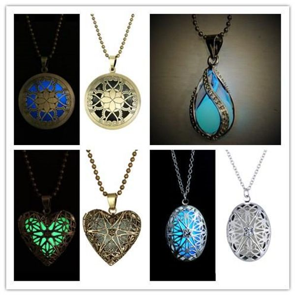 

mix style luminous beads locket necklaatlantis glowing necklace hollow flower square cube pendant silver plated chain statement necklace