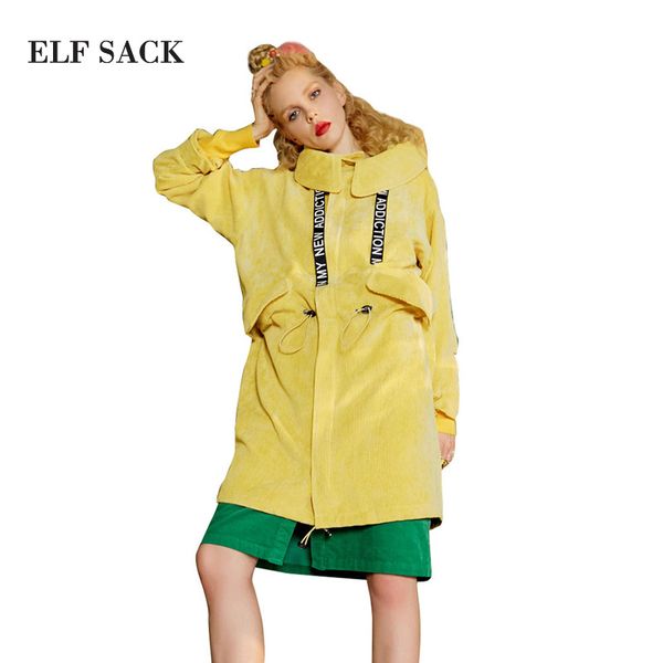 

elf sack autumn vintage corduroy women trench coats letter collared strings ladies hodded outerwear womens zipper plus size coat, Tan;black