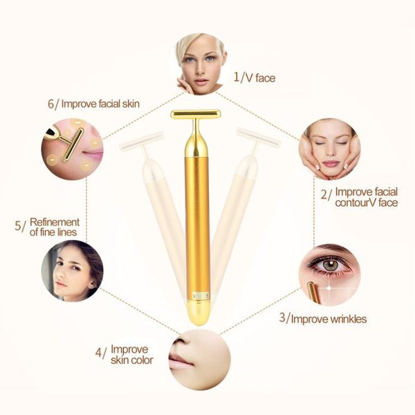 Top venda Ouro 24K Massagem Dispositivo Electric Eye Massager Facial Vibration rosto fino Magic Stick Anti Bag Pouch rugas Pen