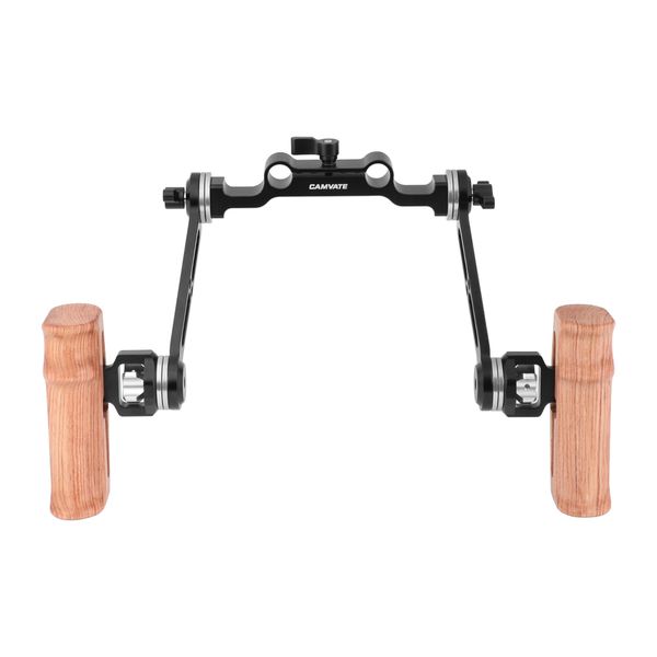 

camvate dual wooden handle with adjustable arri rosette extension arm & 15mm railblock for dlsr camera shoulder rig item code: c2423