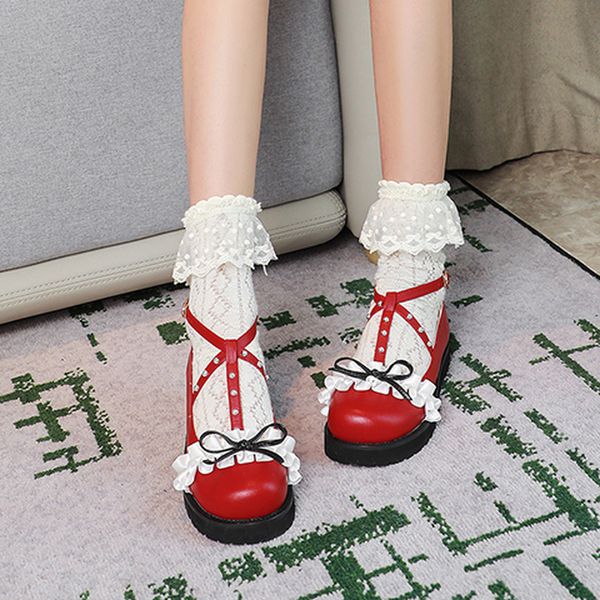 

us4-11 womens mary jane buckle rivet lace t-strap bowknot bowtie low heel pumps shoes lolita retro sweet 3colors plus size, Black