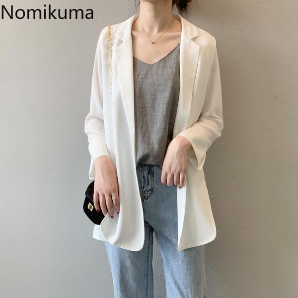 

nomikuma 2020 весна лето тонкий шифон блейзеры корейский офис дамы блейзер пальто 3/4 рукав зубчатый воротник куртка 3z086, White;black