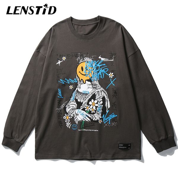 

hip hop funny mona lisa face print long sleeve tshirts harajuku streetwear 2020 casual cotton loose tees shirts men, White;black
