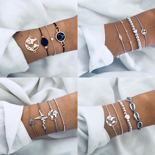 

summer black rope chain ocean map bracelets bangles for women heart charm new vintage bracelets sets jewelry gifts 2019, Golden;silver