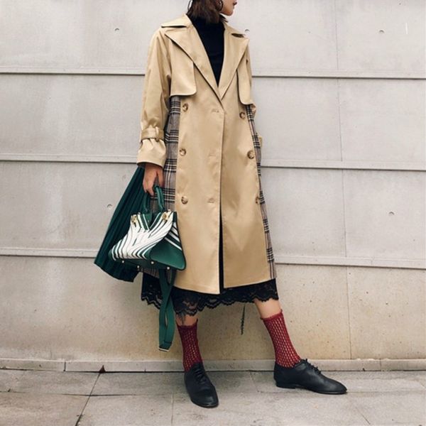 

autumn women long sleeve turn-down long coat pockets khaki pleated plaid patchwork trench, Tan;black