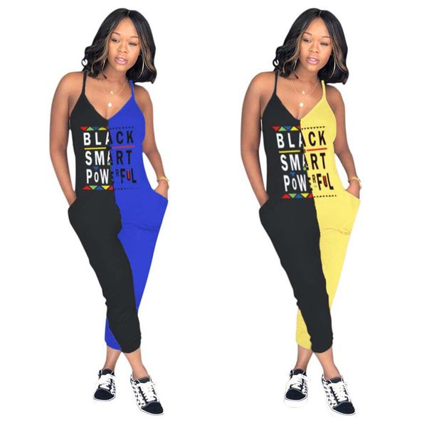 

Women black mart letter jump uit two color titching paghetti trap leevele v neck fa hion ankle length romper 3xl b2152