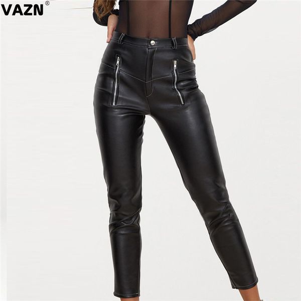 

vazn new chic 2020 spring lady black solid leather pants high waist button pencil ankle-length pants lady special, Black;white
