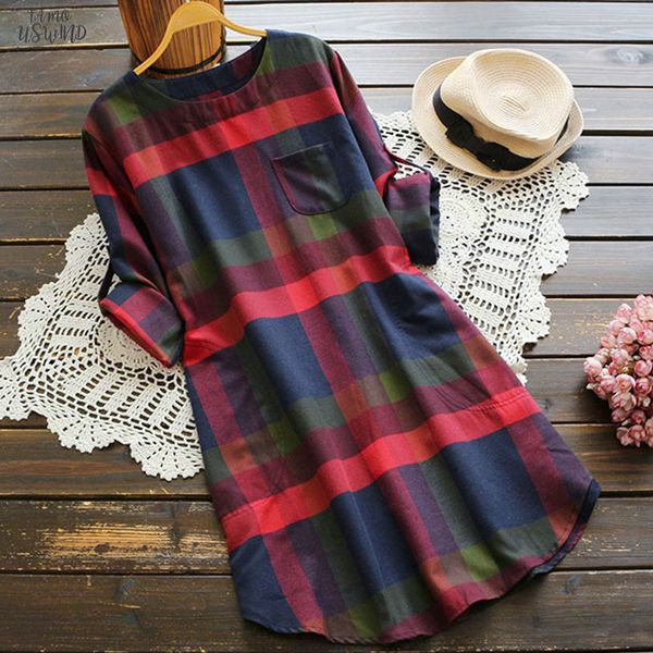 

women vintage dress plaid long sleeve loose pocket swing party dress casual o neck twill loose women dresses vestidos de festa 2020, Black;gray