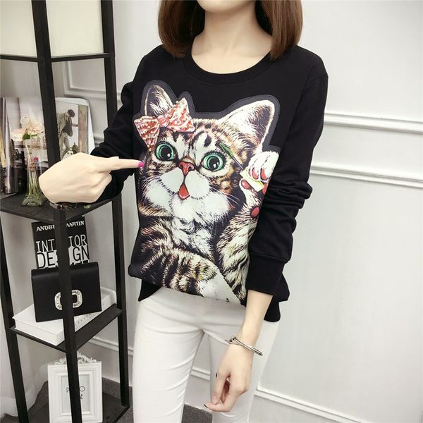 

donamol plus size women's autumn hoodie round neck long sleeve cartoon printing sweatshirts korean loose female casual coat, Black