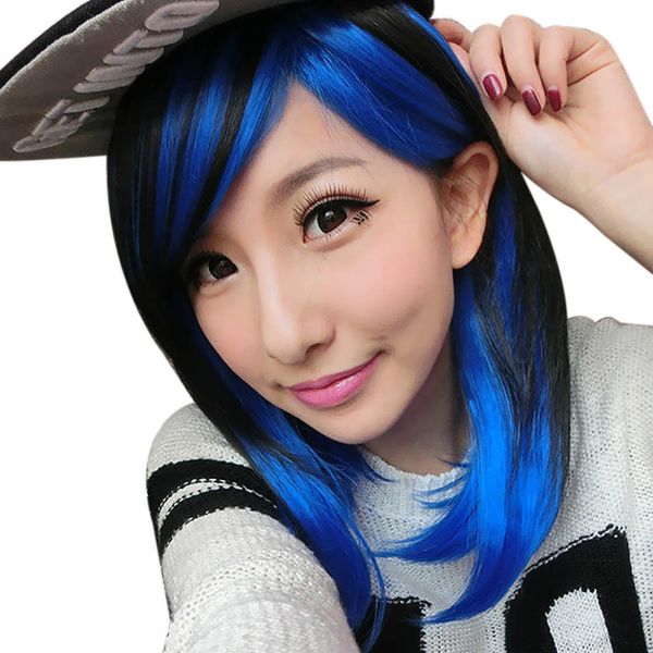 

two tone black blue cosplay wig short straight fluffy hair wigs for women