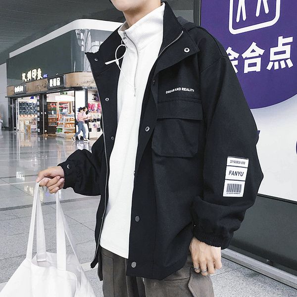 

2019 autumn clothing new style hong kong style cool lettered hooded jacket korean-style printed loose and plus-sized jacket men, Black;brown