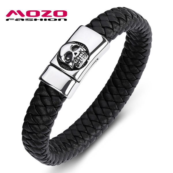 

fashion bangle new men bracelet black leather skeleton stainless steel magnet buckle bracelet man skull punk jewelry ps2094, Golden;silver