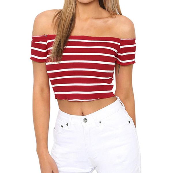 

40 women summer crop off the shoulder short sleeve striped blouse short woman clothes shirt bohemian, White
