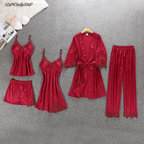 

brand 5pcs set ladies nylon silk satin pajama suit female lace pyjama set sleepwear autumn winter home wear nightwear for women, Black;red