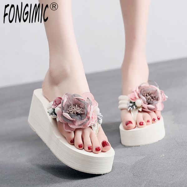 

6cm high heel women summer slippers handmade slippers for female summer flip flops female bohemia beach sandal home, Black