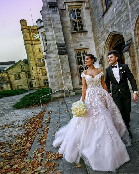 

summer beach 2017 a-line wedding dresses castle 3d-floral appliques court train off-shoulder tiered skirts classic bohemian bridal gowns, White