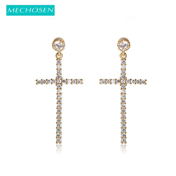 

mechosen simple style cross stud earrings for women girls gold color cubic zirconia ear piercing brincos accessories gifts, Golden;silver