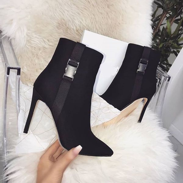 

2020 fashion women 11.5cm high heels ankle fetish sock boots stiletto heels spring boots party silk scarpins white pointy shoes, Black