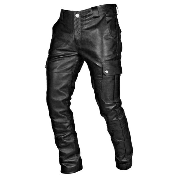 

men's leather pants fashion new autumn spring faux leather trousers skinny male trouser stage club wear biker punk gothic pants, Black