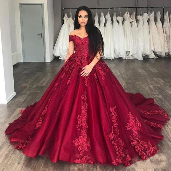 

2020 vintage ball gown evening dresses off the shoulder appliques tulle plus size prom dress dark red sweet 16 party dress quinceanera gowns