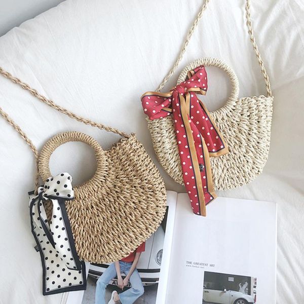 

handmade round straw bags women scarves straw shoulder bags women straw's woven crossbody messenger bag female holiday beach bag